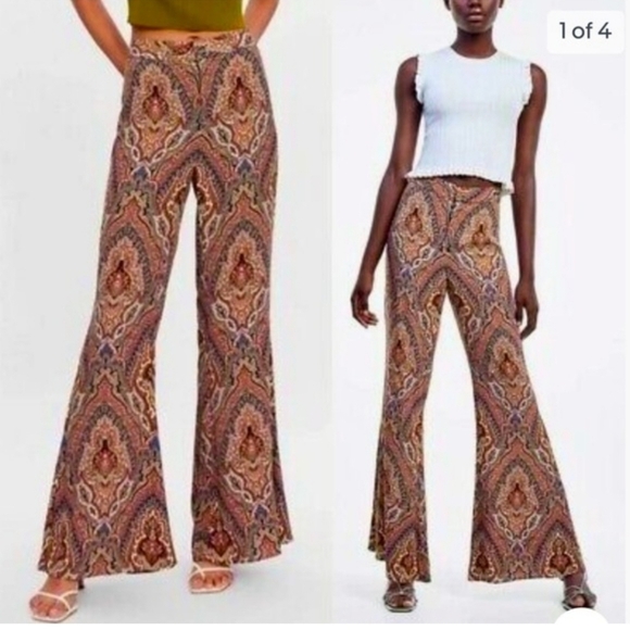 Zara Flare Brown Paisley Printed Pants Size Small Stretch Waist Size Small - Picture 3 of 16